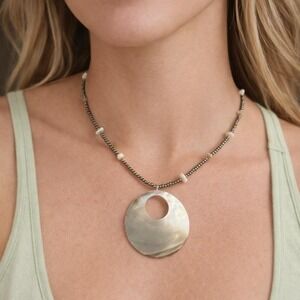Artisan Mother of Pearl Pendant Necklace – Beaded Statement Necklace